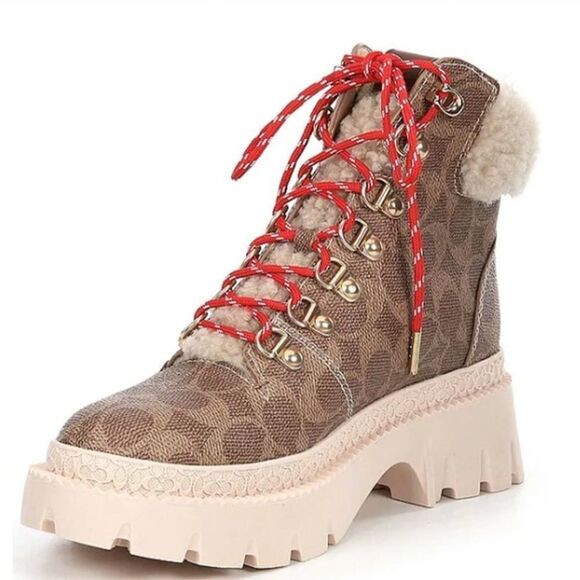 COACH Janel Signature Logo Print Shearling Accent Lug Sole Hiker Booties - Picture 2 of 4
